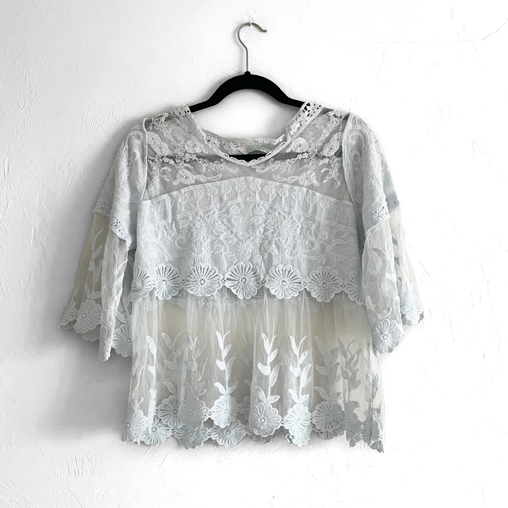 SUNDANCE Light Baby Blue Floral Patterned Sheer Lace Blouse Women’s Medium